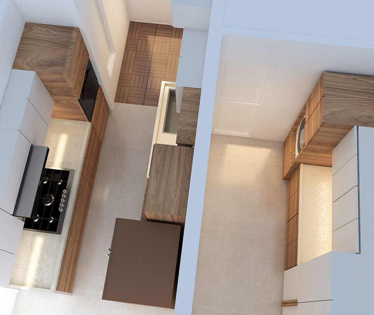 Top aerial view of parallel kitchen and utility design with modular cabinetry and seamless layout