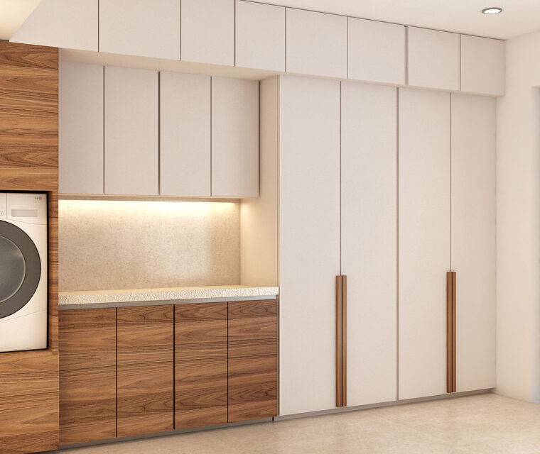 Utility room with modular wood cabinets, integrated washing machine, and minimalist design