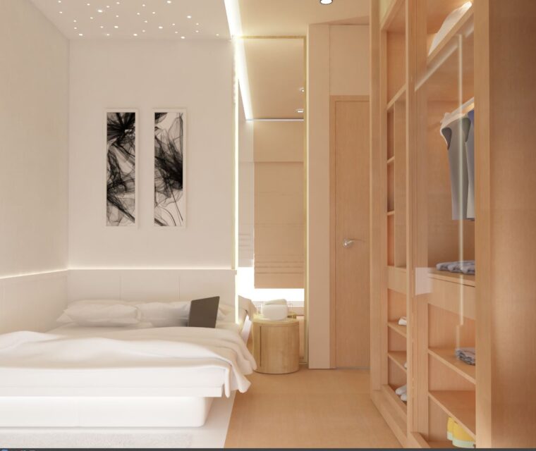 Modern minimalist kids bedroom with ceiling spotlights, open wardrobe, and cozy bed