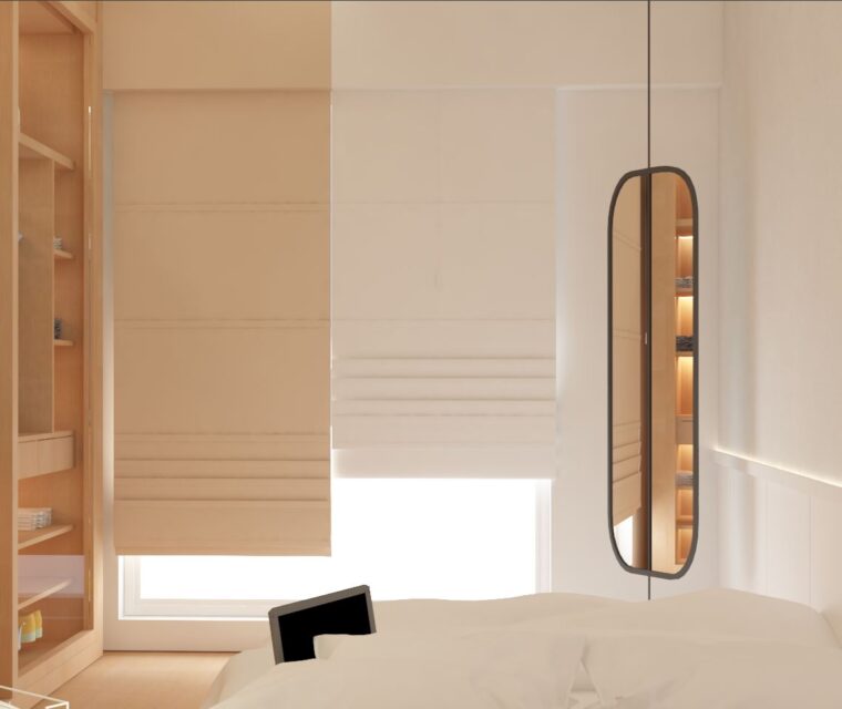 Kids room wardrobe with wooden shelves, smart storage for clothes and shoes