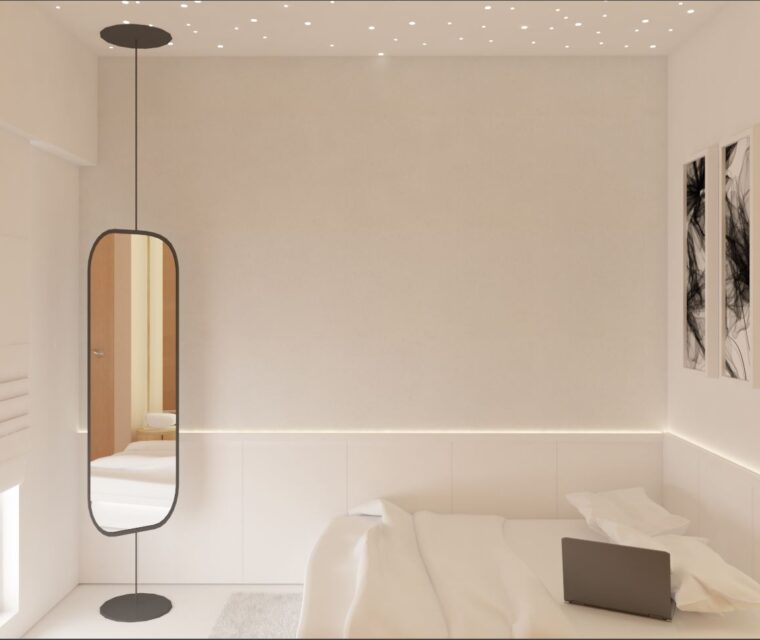 Contemporary kids bedroom corner featuring standing mirror, window blinds, and neutral color tones