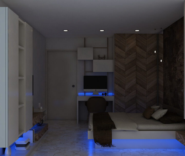 Bedroom with blue LED ambient lighting, modern workstation, and accent wooden wall