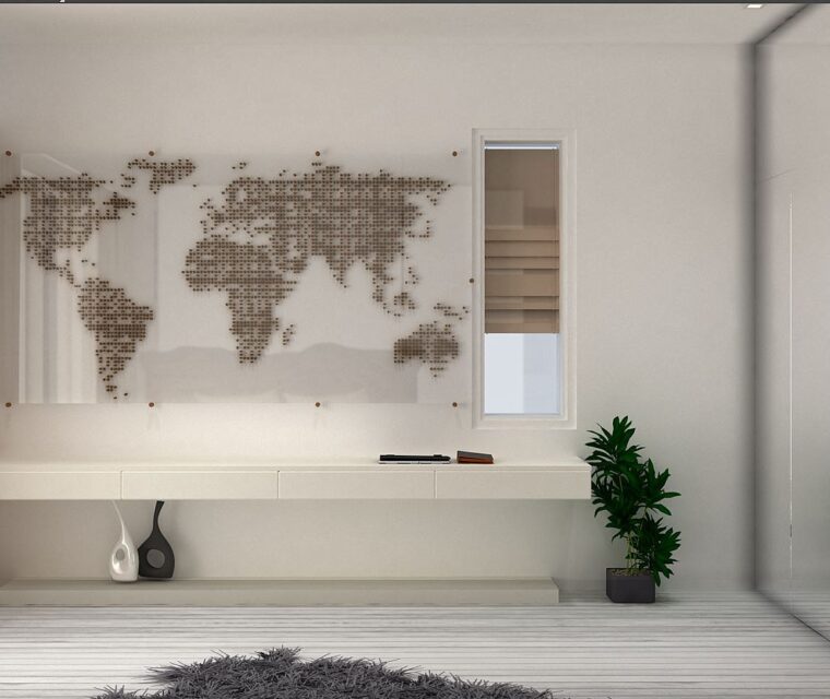 Interior bedroom view with designer bed, warm lighting, wooden floors, and yellow accents