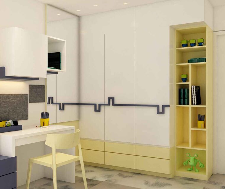 Kids study room with modular storage, wall shelves, and playful yellow accents